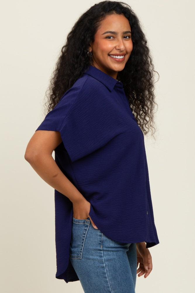 Navy Solid Collared Button-Up Top