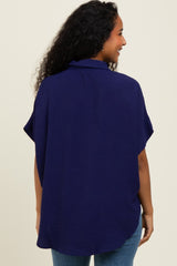 Navy Solid Collared Button-Up Top