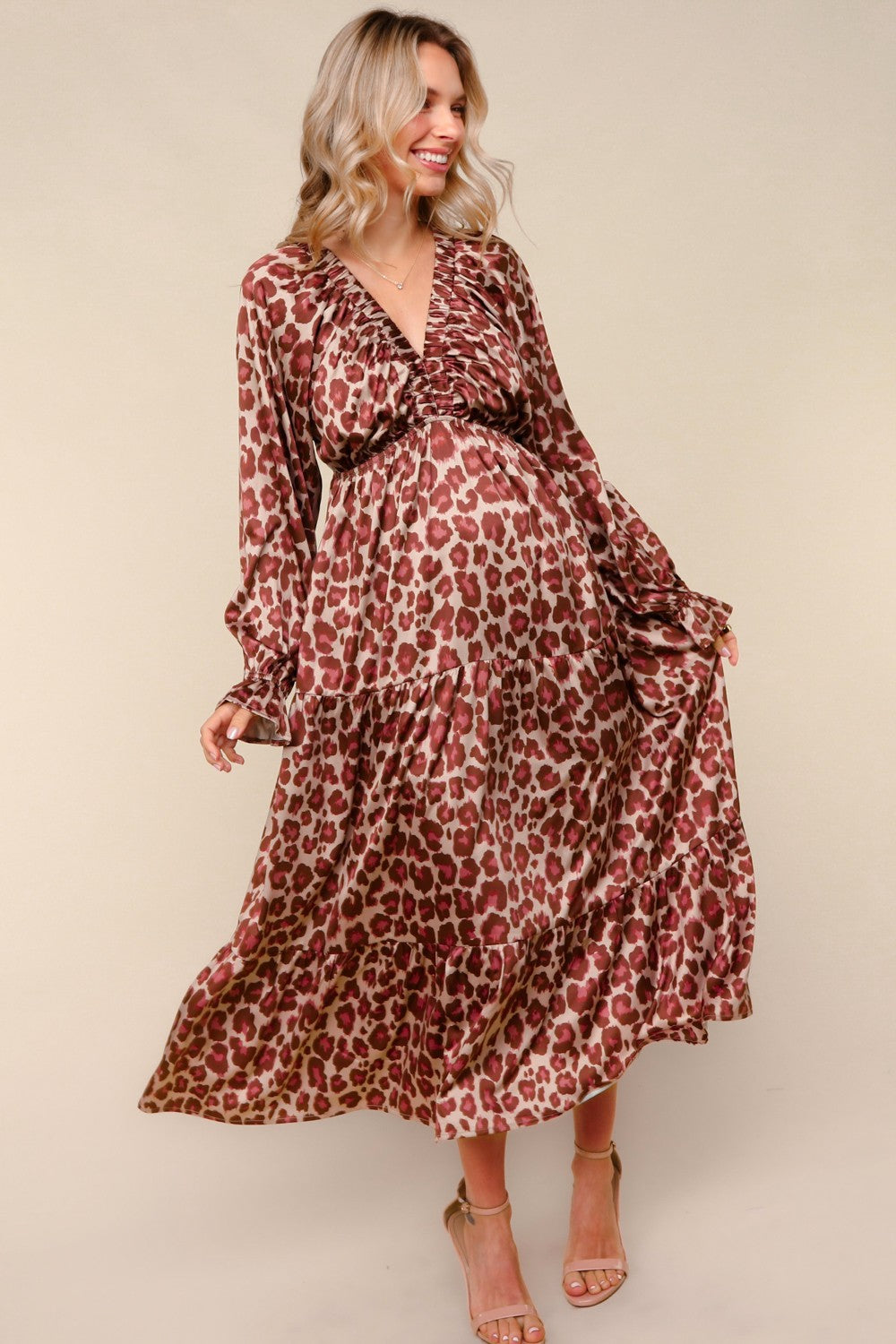 Taupe/Rust Satin Leopard Tiered Side Pocket Maternity Maxi Dress
