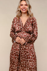Taupe/Rust Satin Leopard Tiered Side Pocket Maxi Dress