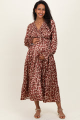 Taupe/Rust Satin Leopard Tiered Side Pocket Maternity Maxi Dress