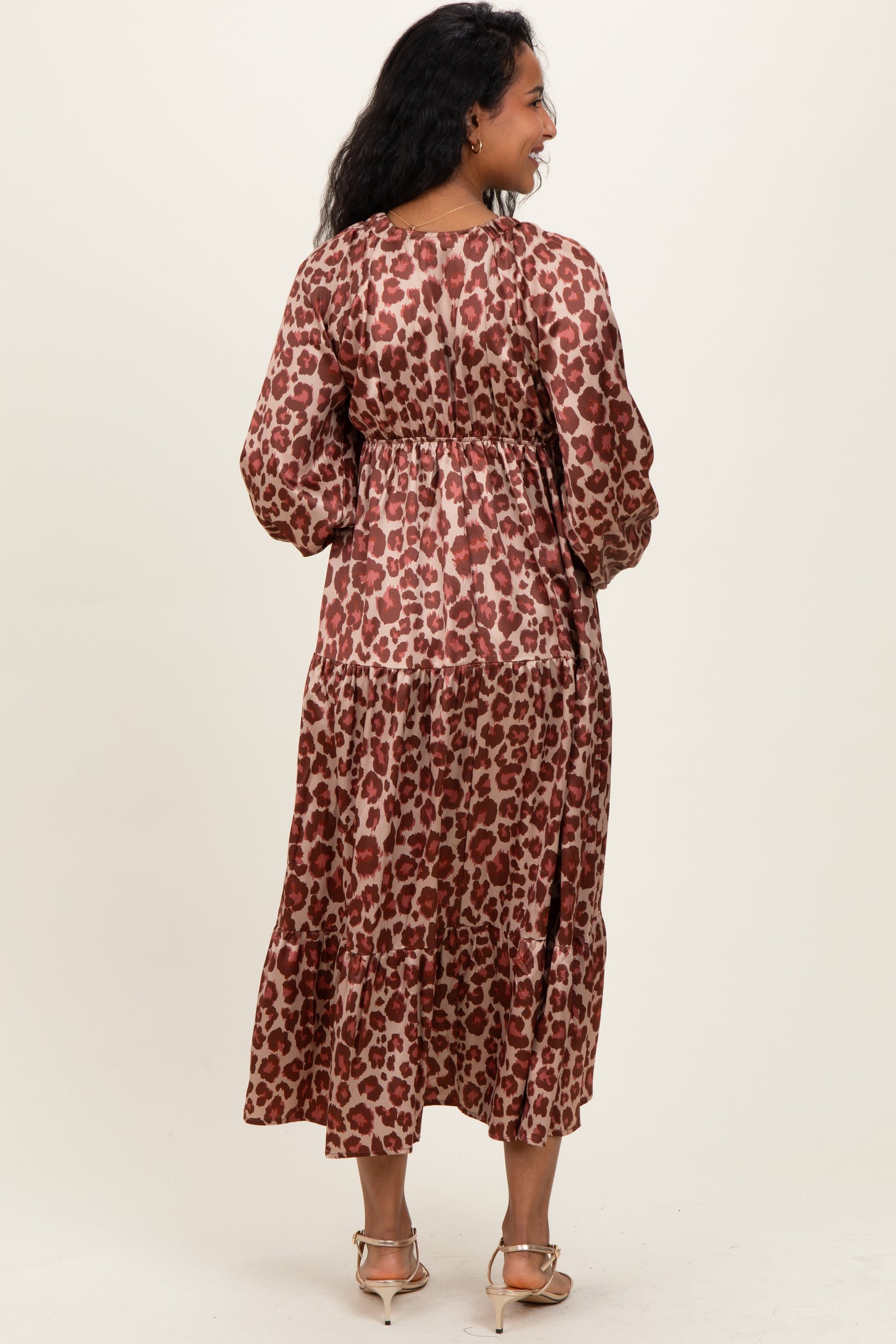 Taupe/Rust Satin Leopard Tiered Side Pocket Maternity Maxi Dress