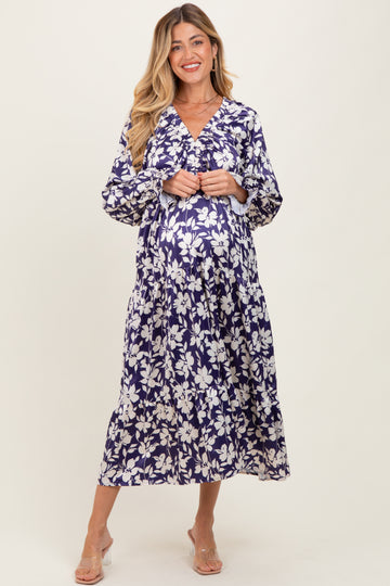 Navy Floral Tiered Ruched V-Neck Satin Maternity Maxi Dress