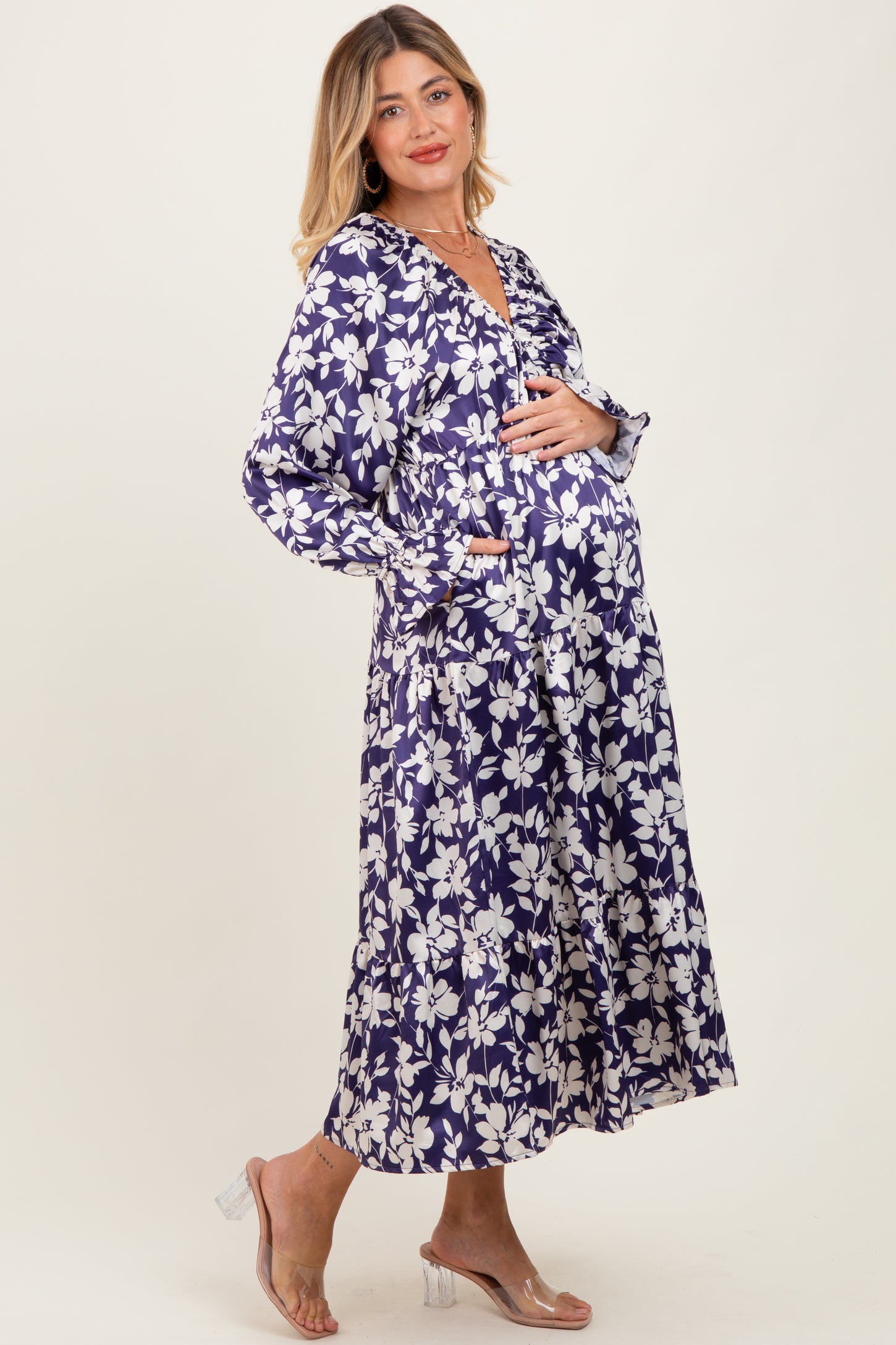 Navy Floral Tiered Ruched V-Neck Satin Maternity Maxi Dress