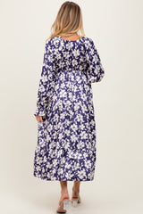 Navy Floral Tiered Ruched V-Neck Satin Maternity Maxi Dress