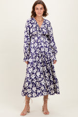Navy Floral Tiered Ruched V-Neck Satin Maxi Dress