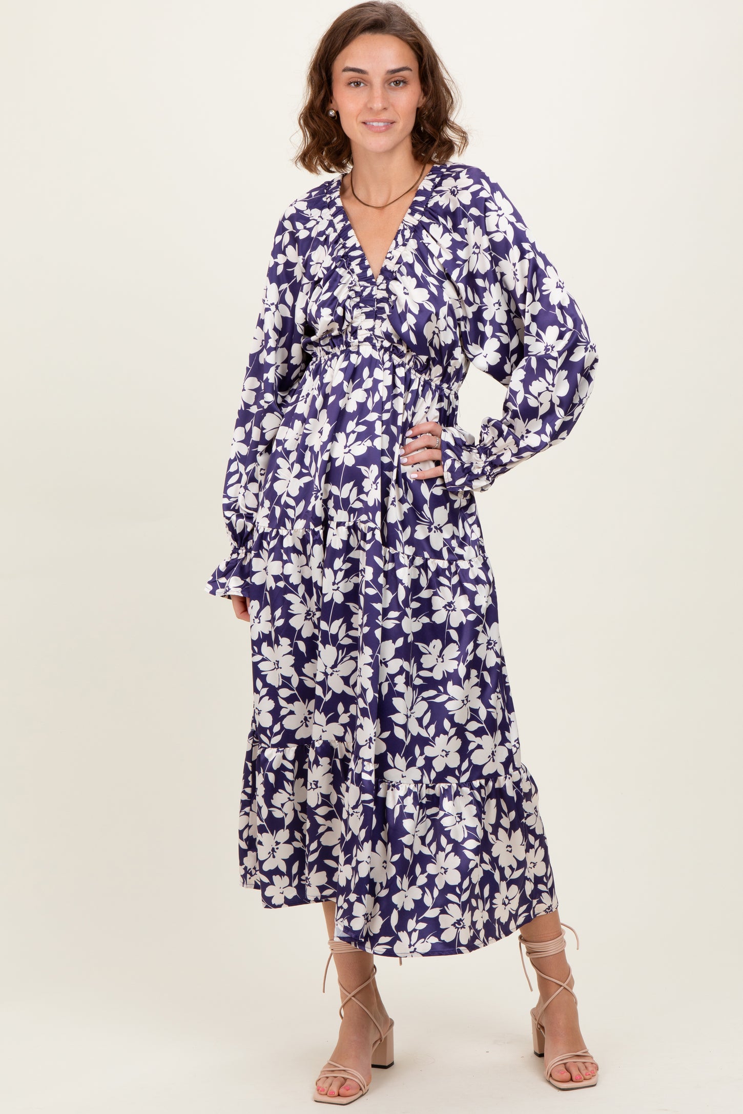 Navy Floral Tiered Ruched V-Neck Satin Maxi Dress