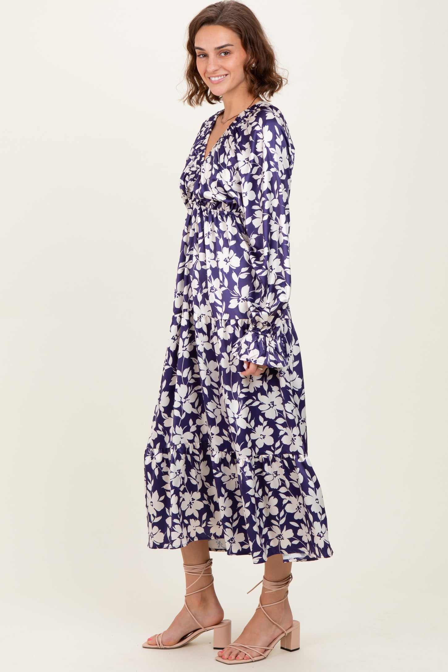 Navy Floral Tiered Ruched V-Neck Satin Maxi Dress
