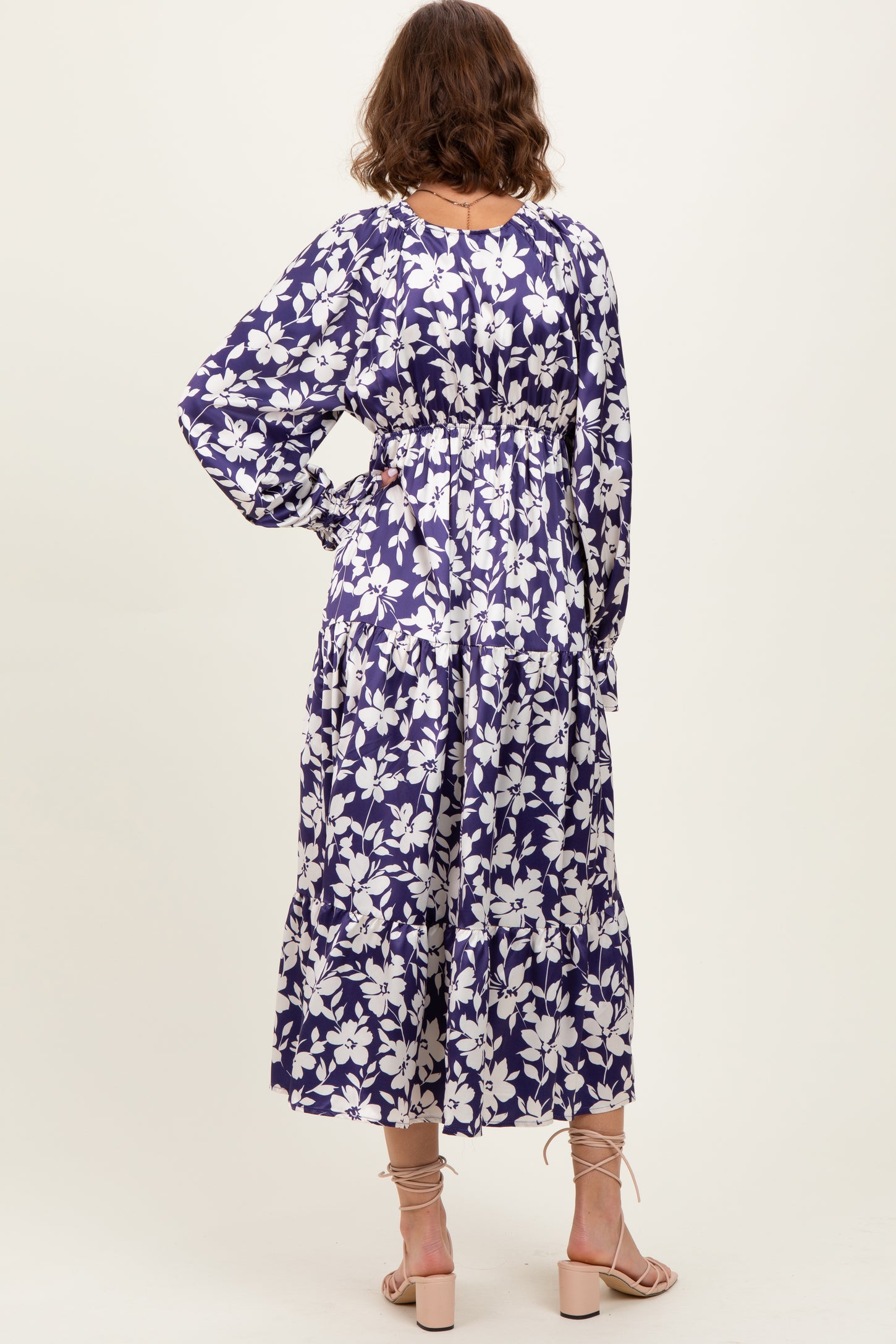 Navy Floral Tiered Ruched V-Neck Satin Maxi Dress