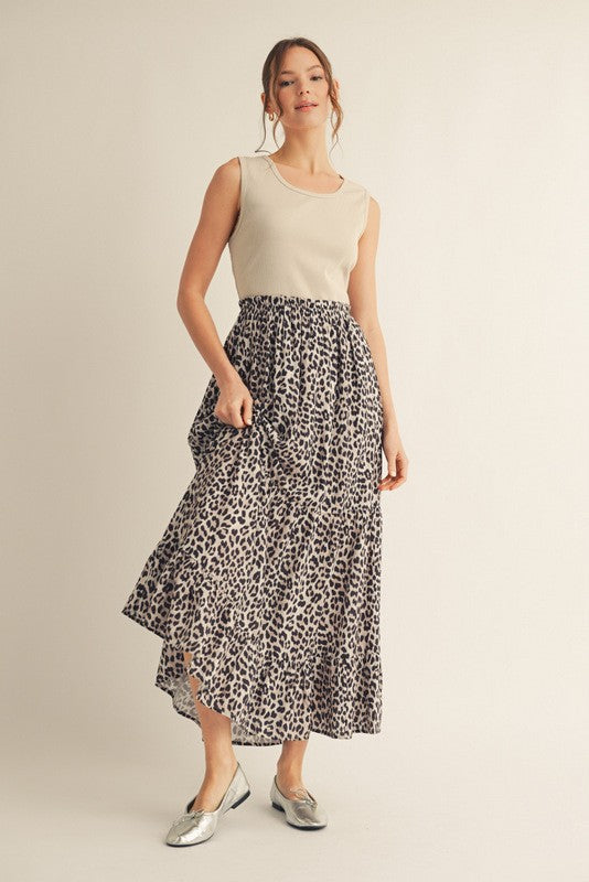 Taupe/Animal Print Mixed Maternity Maxi Dress
