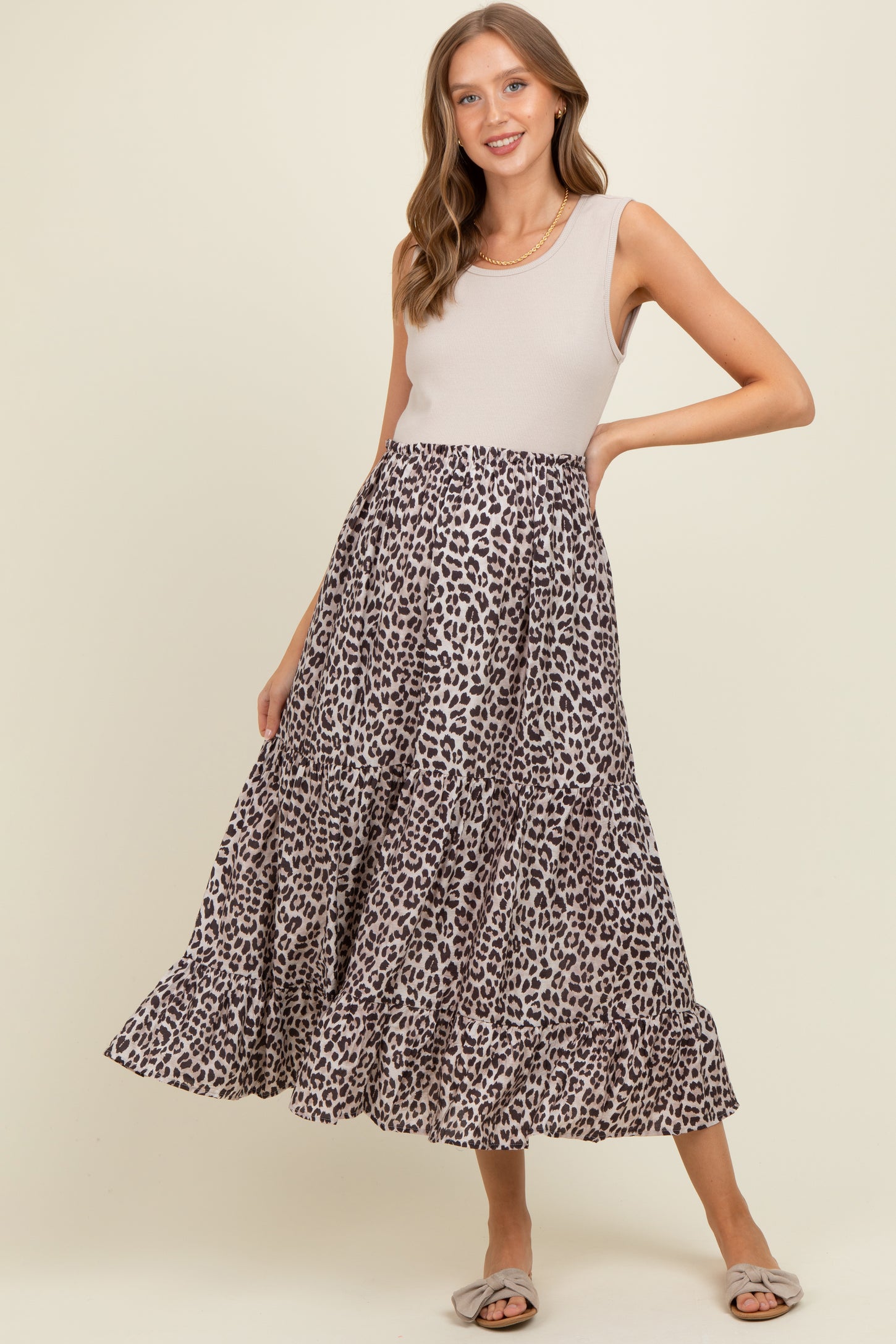 Taupe/Animal Print Mixed Maternity Maxi Dress
