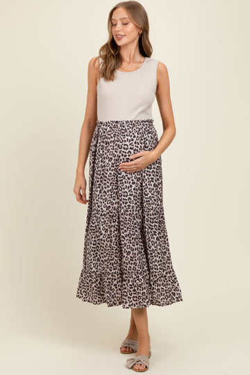 Taupe/Animal Print Mixed Maternity Maxi Dress
