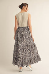 Taupe/Animal Fabric Mixed Maxi Dress