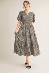 Brown Animal Print Tiered Maternity Midi Dress