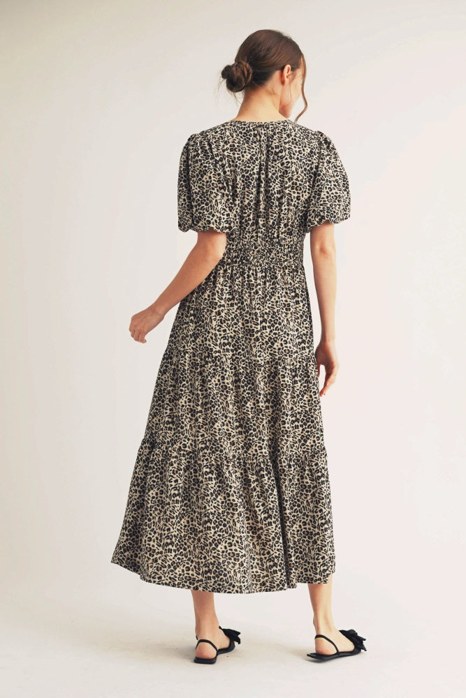 Brown Animal Print Tiered Midi Dress