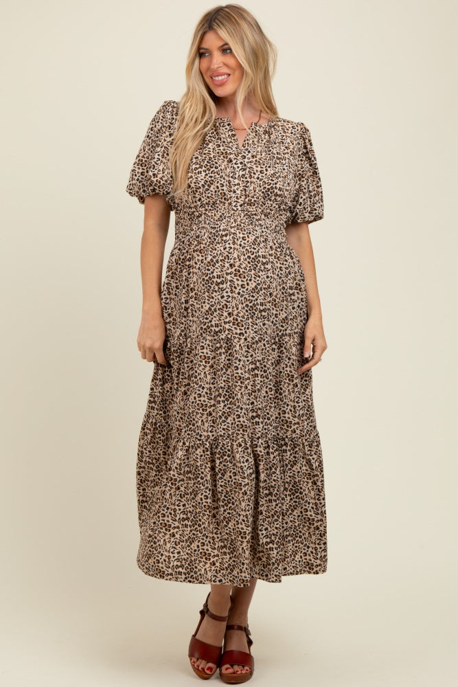 Brown Animal Print Tiered Maternity Midi Dress