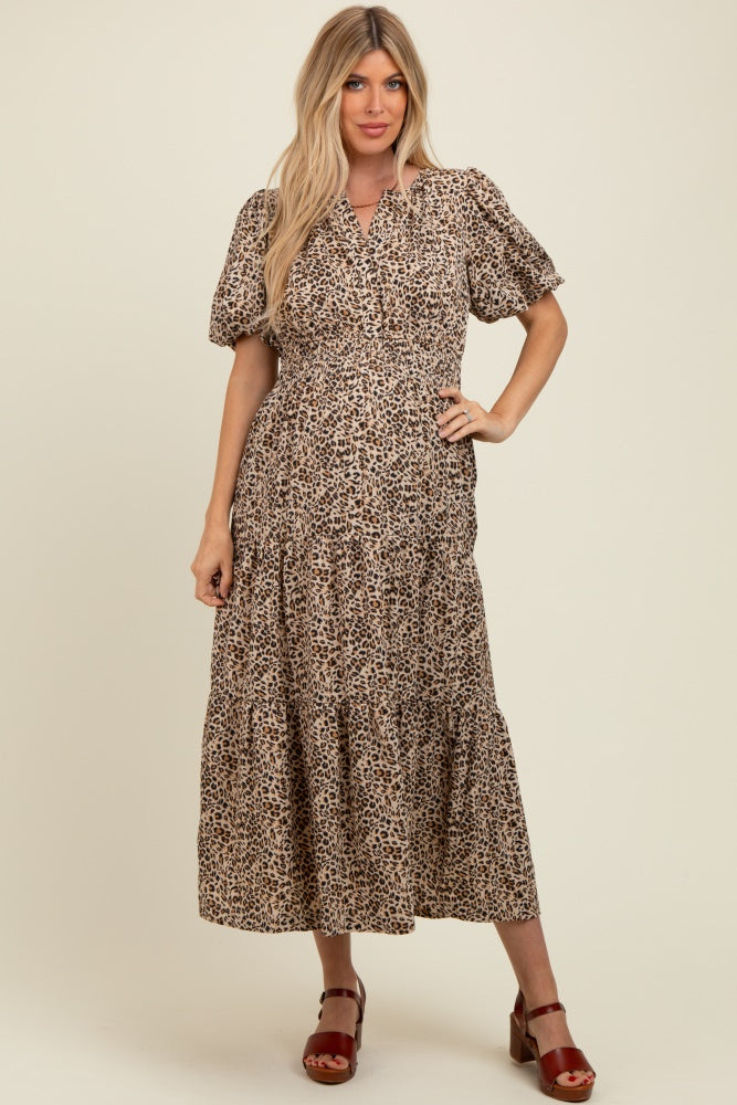 Brown Animal Print Tiered Maternity Midi Dress