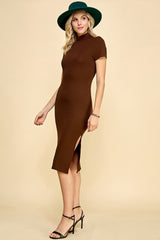 Brown Mock Neck Short Sleeve Dress