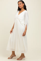 Cream Pleated V Neck Maxi Dress