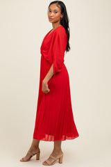 Red Pleated V Neck Maxi Dress