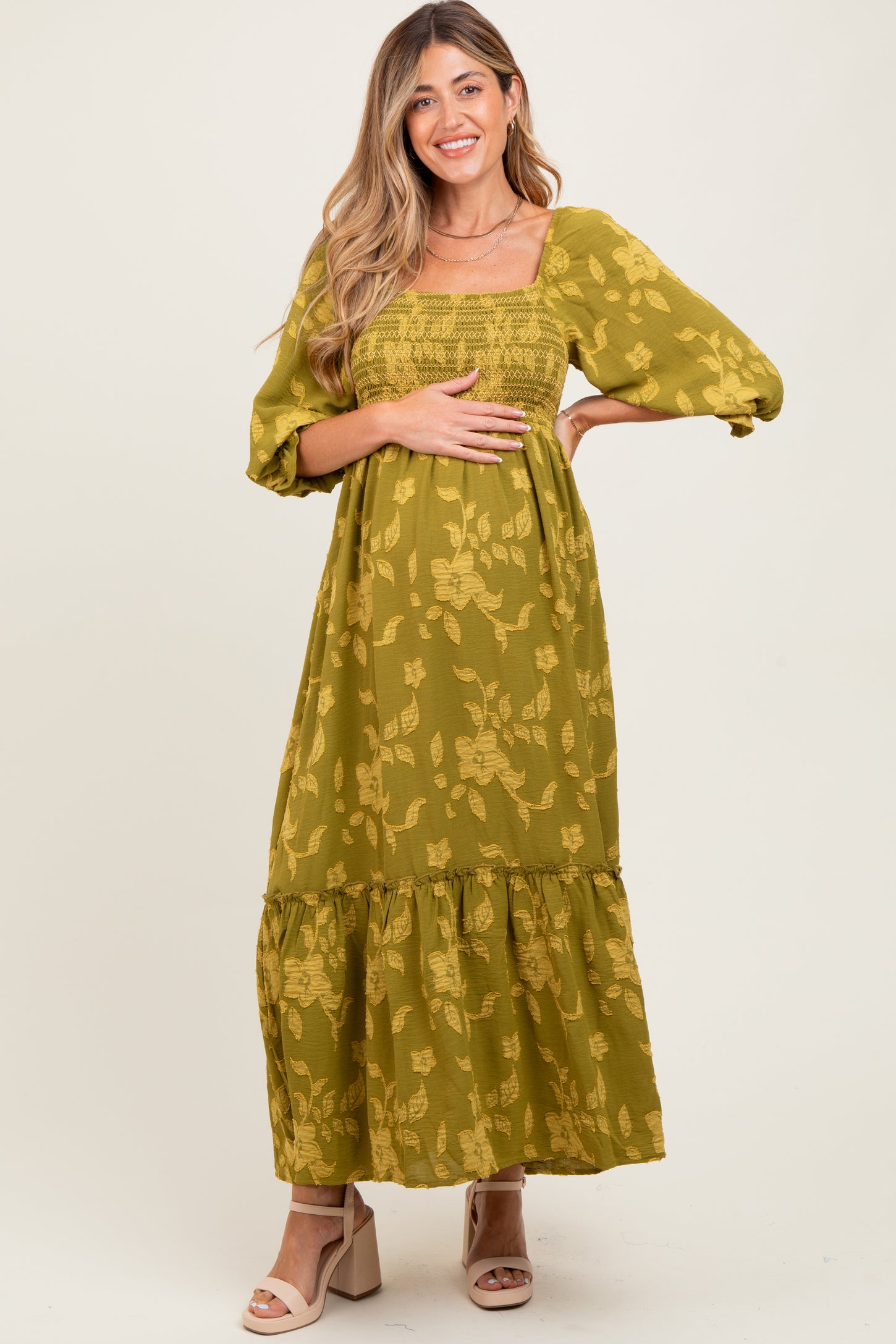 Olive Floral Print Smocked Bodice Maternity Maxi Dress