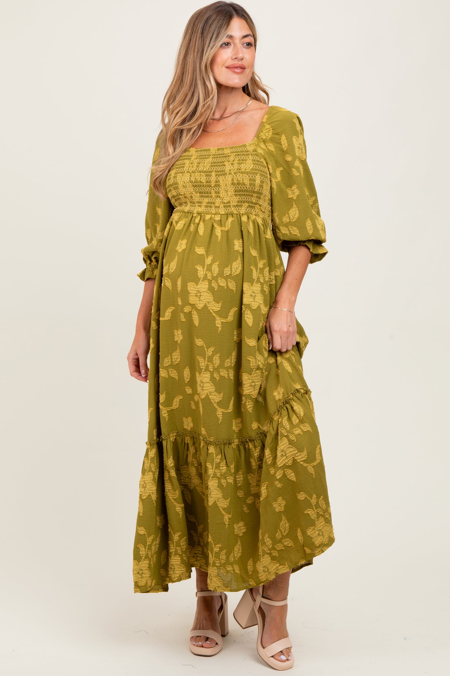 Olive Floral Print Smocked Bodice Maternity Maxi Dress