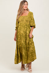 Olive Floral Print Smocked Bodice Maternity Maxi Dress
