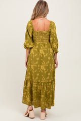 Olive Floral Print Smocked Bodice Maternity Maxi Dress