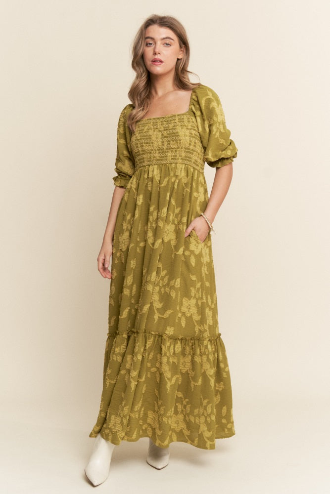 Olive Floral Print Smocked Bodice Maxi Dress