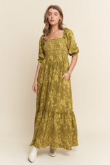 Olive Floral Print Smocked Bodice Maxi Dress