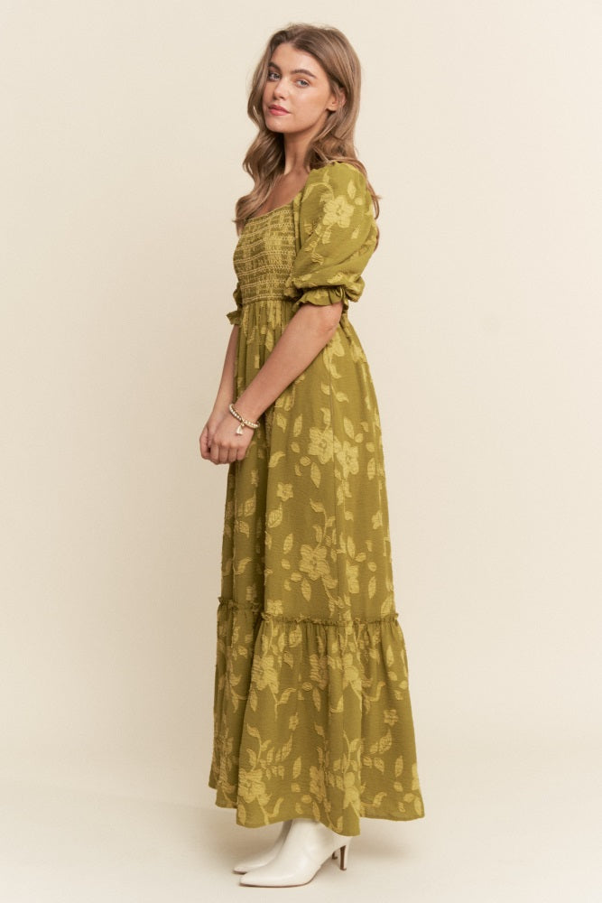Olive Floral Print Smocked Bodice Maxi Dress
