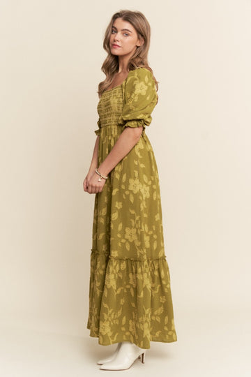 Olive Floral Print Smocked Bodice Maxi Dress