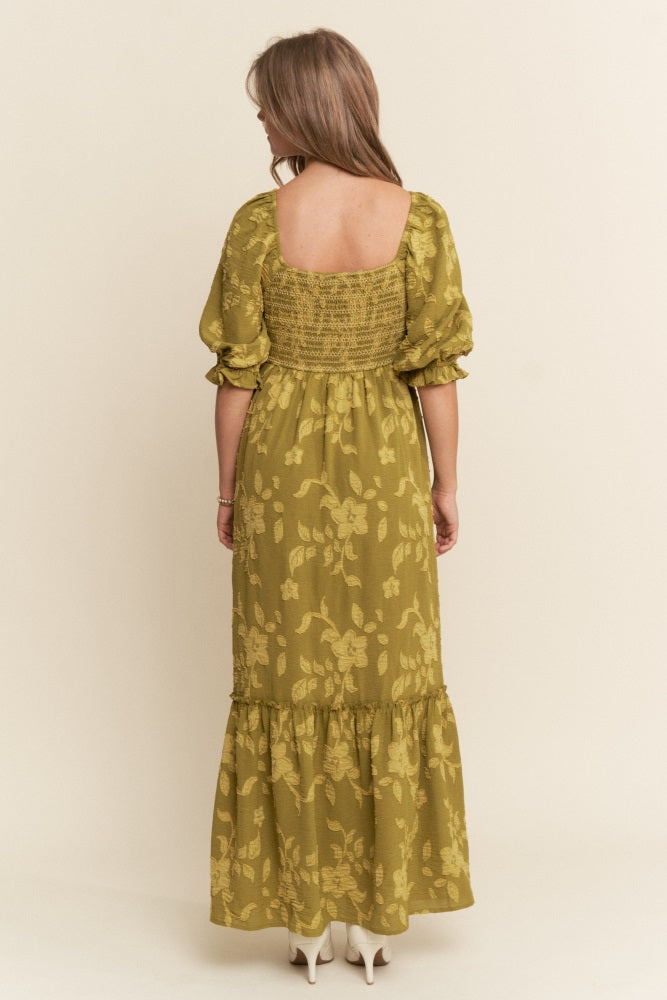 Olive Floral Print Smocked Bodice Maxi Dress