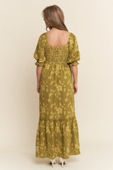 Olive Floral Print Smocked Bodice Maxi Dress