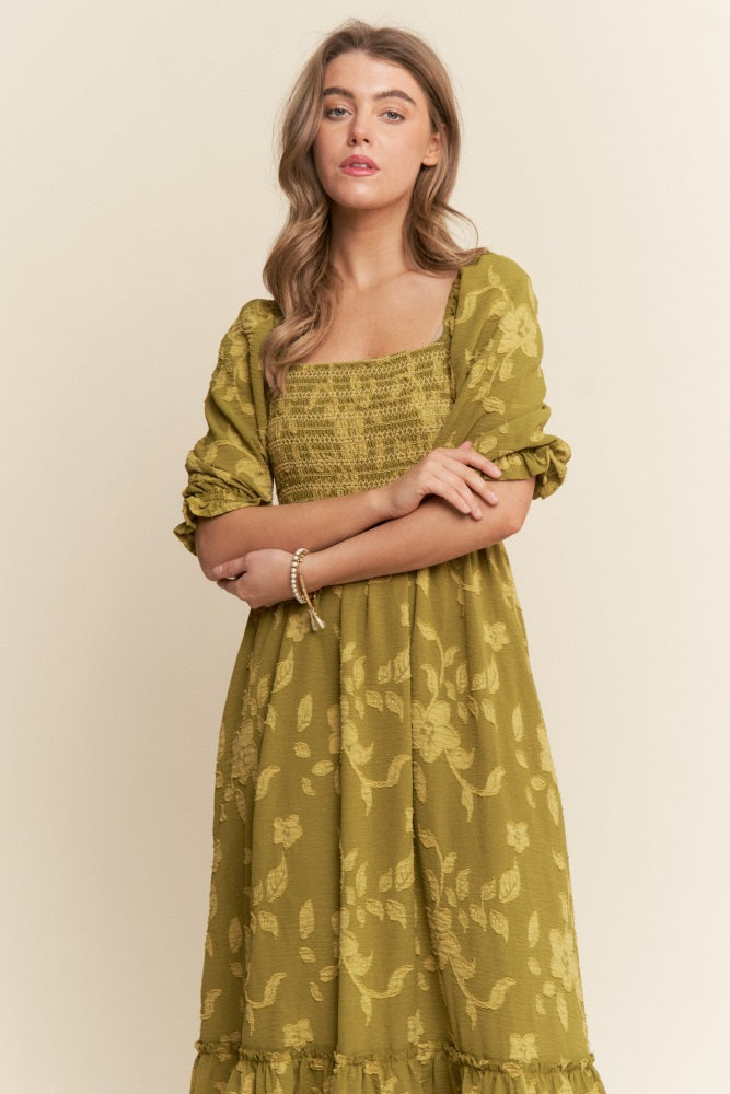 Olive Floral Print Smocked Bodice Maxi Dress