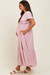 Pink/Silver Striped Short Sleeve V-Neck Tiered Maternity Midi Dress