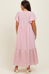 Pink/Silver Striped Short Sleeve V-Neck Tiered Maternity Midi Dress