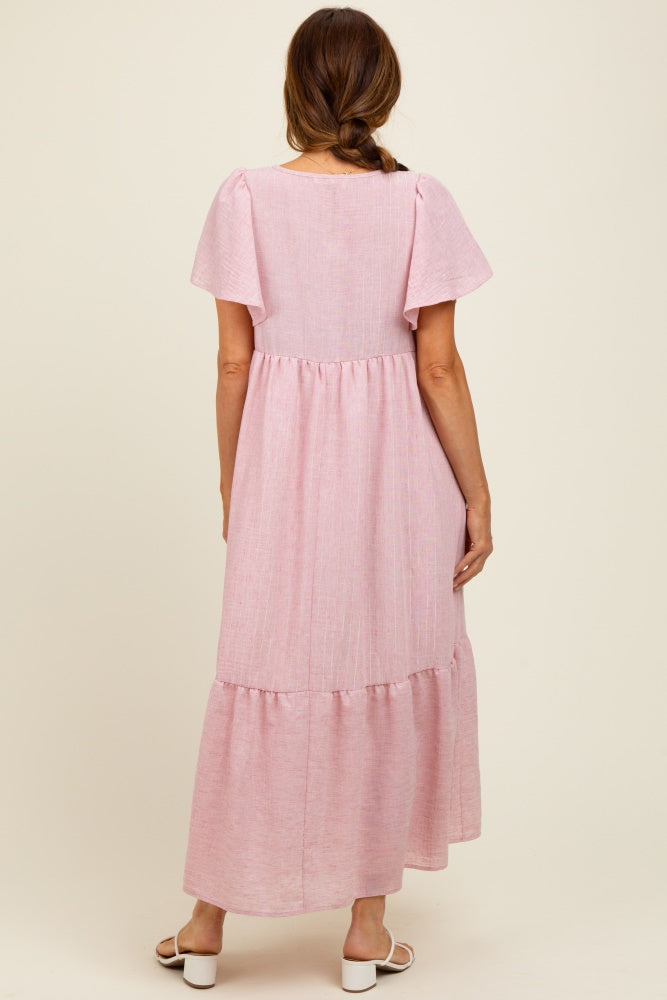 Pink/Silver Striped Short Sleeve V-Neck Tiered Midi Dress