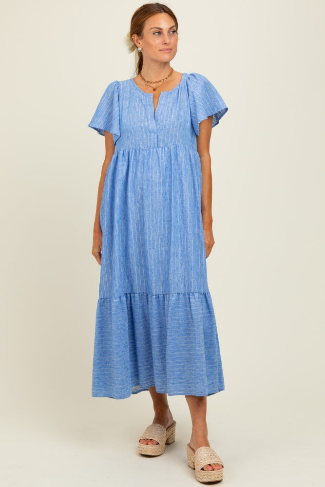 Blue/Silver Striped Short Sleeve V-Neck Tiered Midi Dress