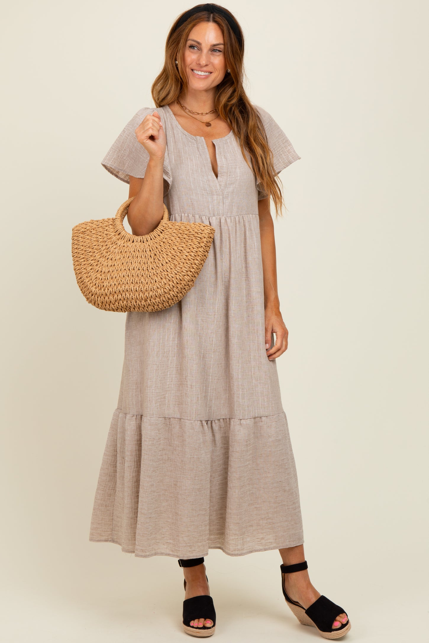 Mocha/Silver Striped Short Sleeve V-Neck Tiered Midi Dress