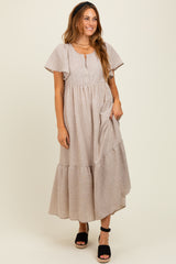 Mocha/Silver Striped Short Sleeve V-Neck Tiered Midi Dress