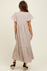 Mocha/Silver Striped Short Sleeve V-Neck Tiered Midi Dress