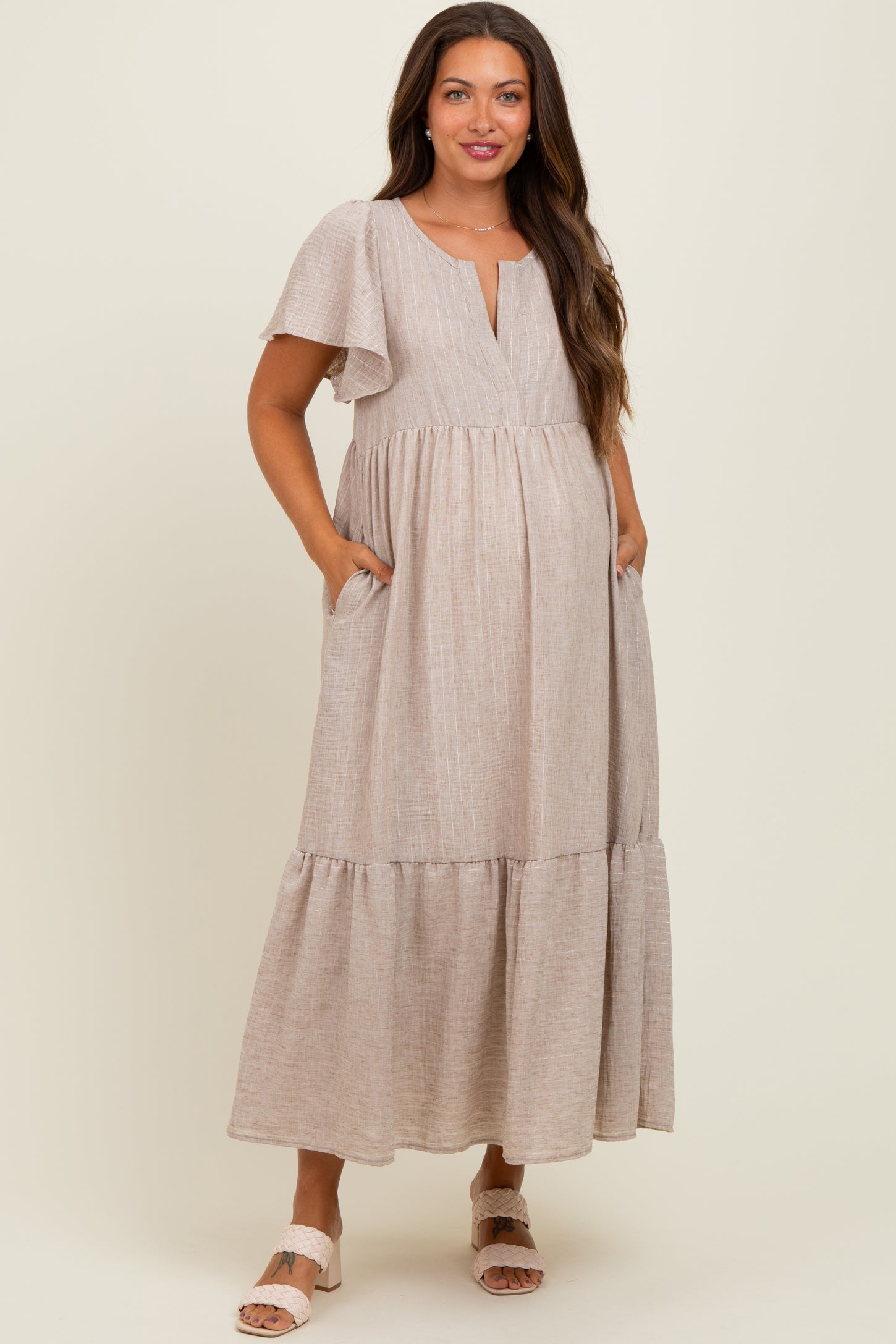 Mocha/Silver Striped Short Sleeve V-Neck Tiered Maternity Midi Dress