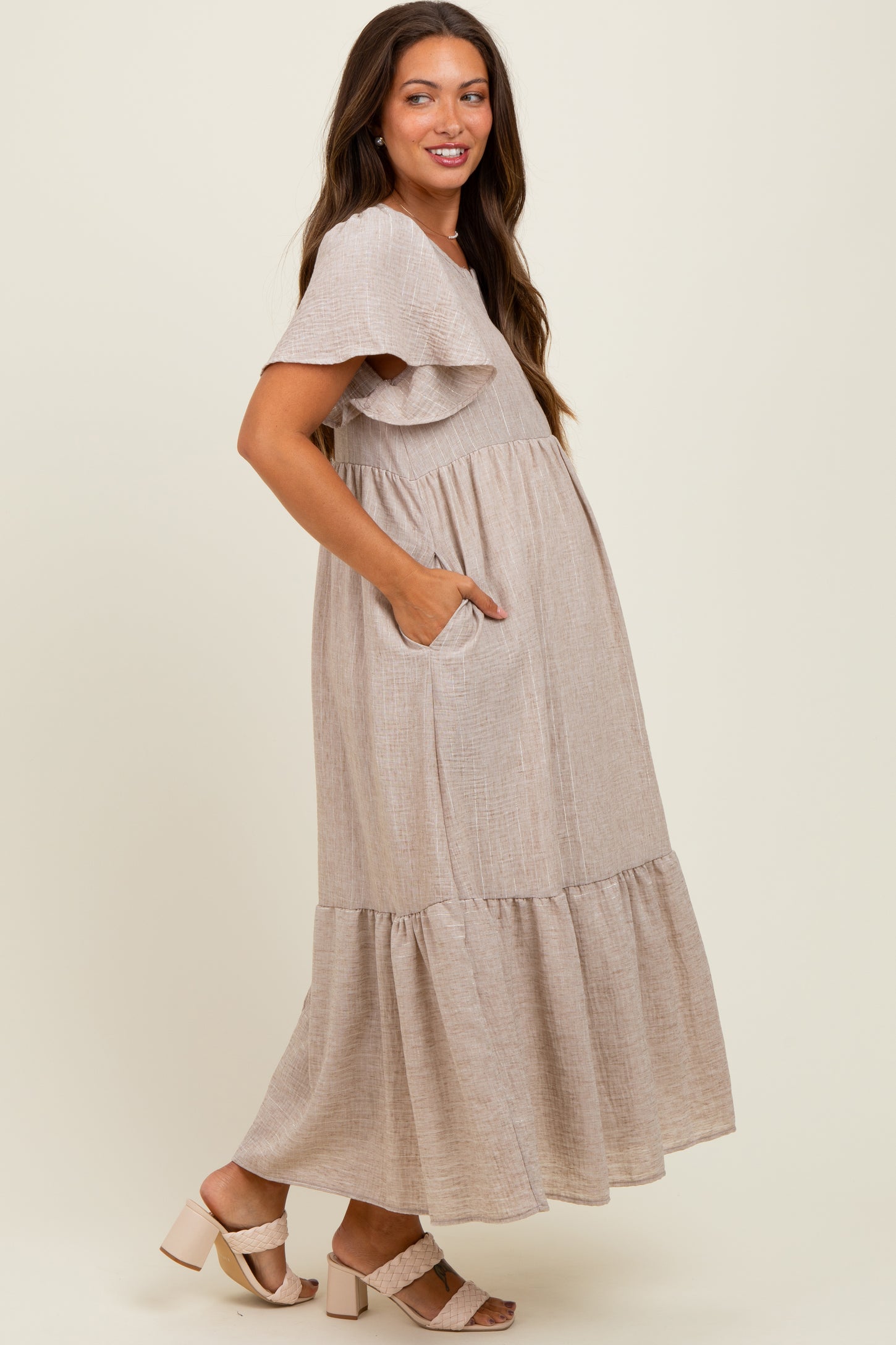 Mocha/Silver Striped Short Sleeve V-Neck Tiered Maternity Midi Dress