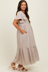 Mocha/Silver Striped Short Sleeve V-Neck Tiered Maternity Midi Dress