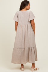 Mocha/Silver Striped Short Sleeve V-Neck Tiered Maternity Midi Dress