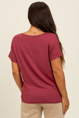 Burgundy V-Neck Front Pocket Maternity Short Sleeve T-Shirt