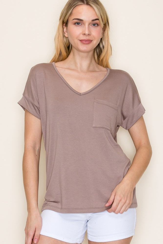 Light Taupe V-Neck Front Pocket Short Sleeve T-Shirt