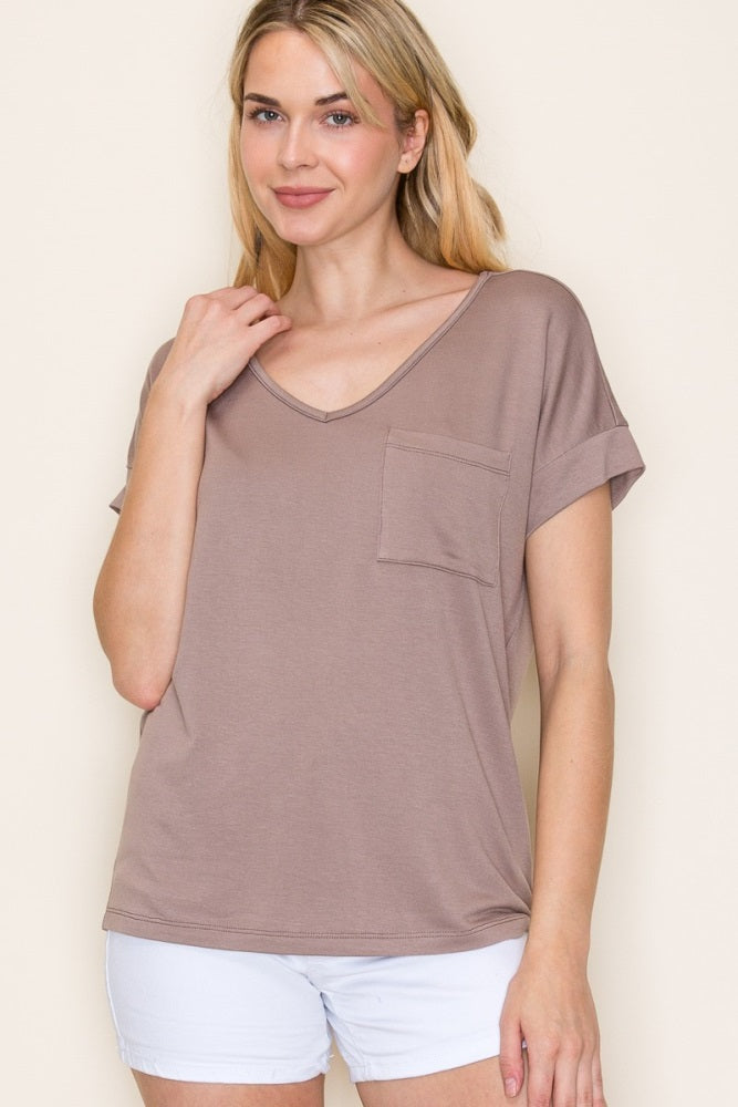 Light Taupe V-Neck Front Pocket Short Sleeve T-Shirt