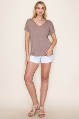 Light Taupe V-Neck Front Pocket Short Sleeve T-Shirt